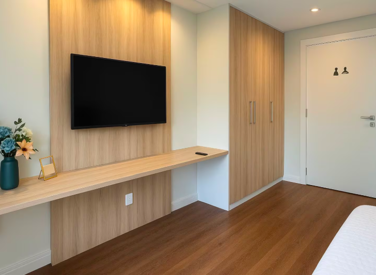 Quarto com painel de madeira, Smart TV e bancada de trabalho