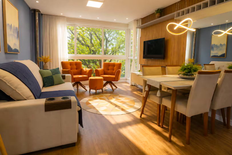 Sala de estar integrada com poltronas laranja e vista para as árvores