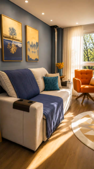 Estar aconchegante com poltrona laranja e quadros