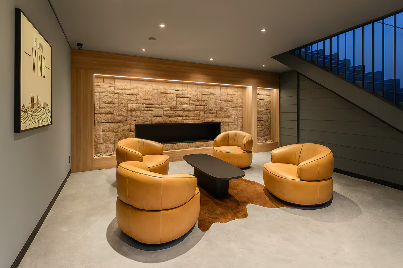 Lounge do Espaço Vino com lareira e iluminação aconchegante