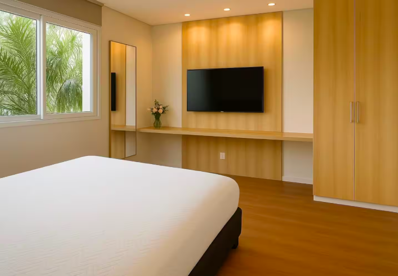 Suíte com Smart TV, painel de madeira e armário