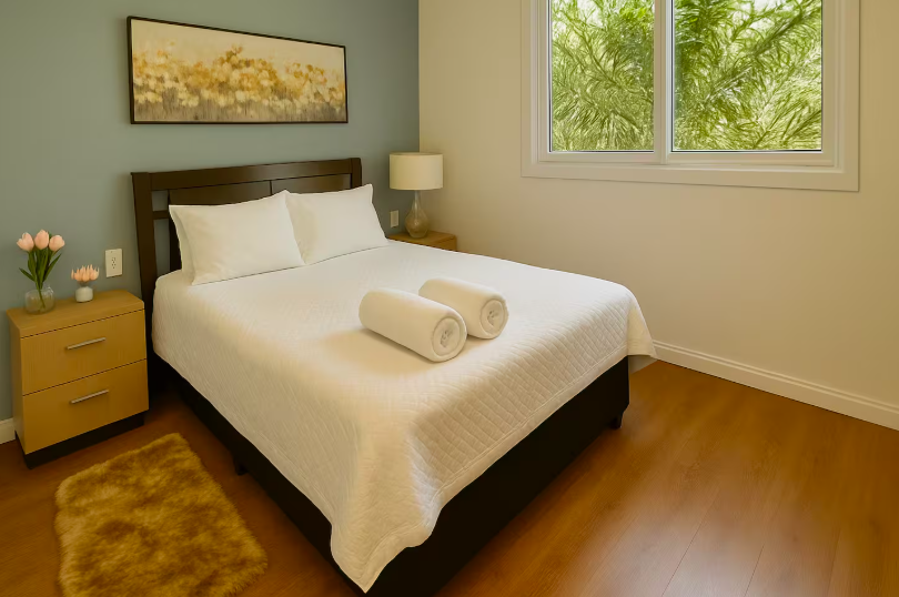 Suíte com cama de casal e vista para o verde